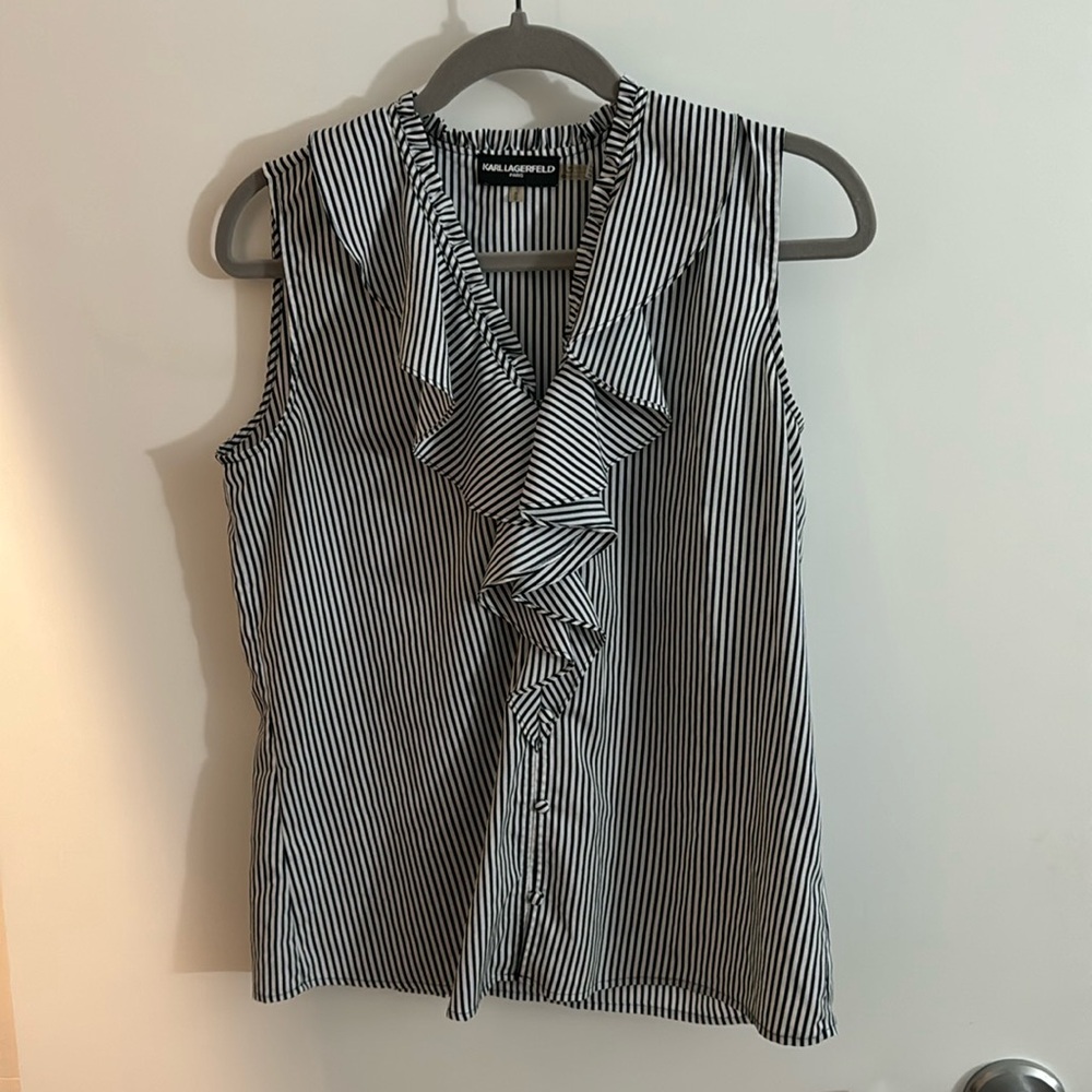 Karl Lagerfeld Ruffled Navy And White Stripped Blouse - Size M